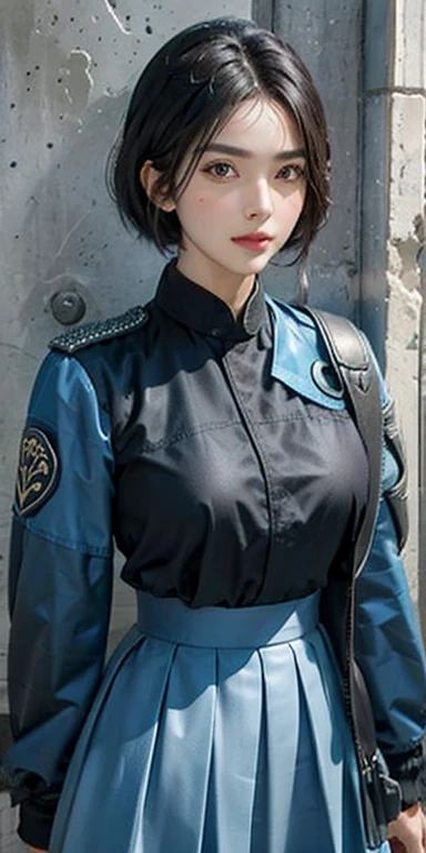 (highest resolution, clear_image), highest quality, masterpiece, very detailed, semi-realistic, woman with shoulder-length black hair, black pupil, mature, mature woman, emperor's sister, sexy, short hair, triple bang, light blue uniform, light blue uniform jacket, soldier, light blue pleated skirt, uniform, fighter front line, future, SF, universe