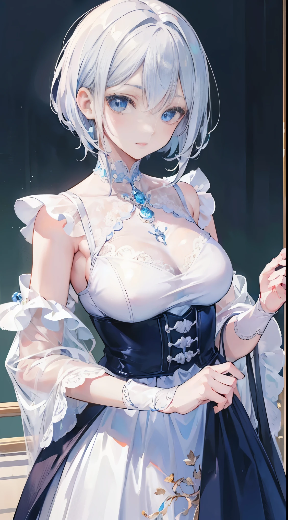 ((masterpiece:1.2)), ((highest quality)), Detailed and delicate illustration style, detailed skin texture, fine cloth texture, very detailed explanation, (T Masterpiece), super detailed illustrations, highly detailed face, Raw photo, Professional, Ultra-fine painting, intricate details, Super detailed, intricate decorative details, perfect anatomy, (18-year-old ), genuine, (alone), (A very beautiful and cool boyish girl with silver hair and blue eyes.), beautiful normal breasts, (Very beautiful and shiny short silver hair), (beautiful clear blue eyes), (Fine, beautiful, clear eyes:1.6), ((Very beautiful and cool casual boyish outfit), smile, ((look at me)), (daytime:1.2), (walk), (The detailed and delicate streets of Shibuya), (8K highest quality wallpaper), (Highly detailed and delicate background)、charming eyes、lipstick、