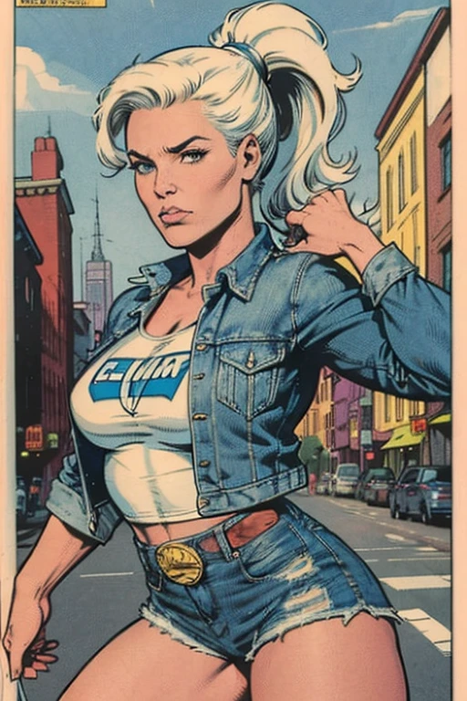 Frank Cho comic book panel, female with short cropped white hair, brown leather jacket, white tee and ripped bluejeans, hiding in a back alley, gun at her side