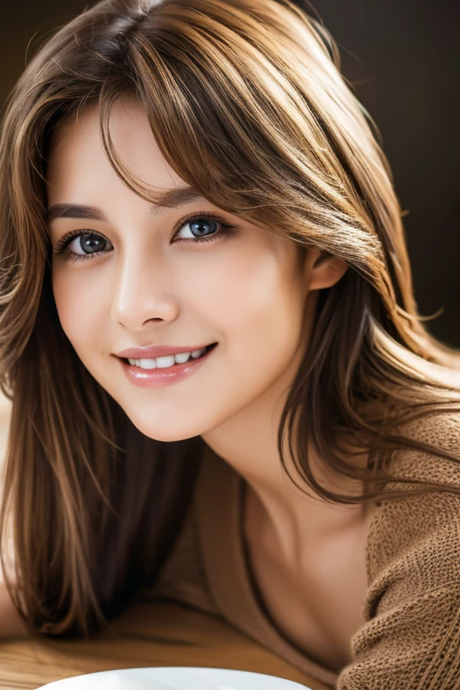 table top, highest quality, realistic, Super detailed, finely, High resolution, 8k wallpaper, 1 beautiful woman,, light brown messy hair, sharp focus, perfect dynamic composition, detailed and beautiful eyes, fine hair, Detailed and realistic skin texture, smile, close-up portrait, model body shape