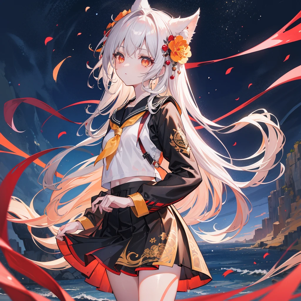 whole body, best detailed girl, hdr, look up to, shiny, , Beautiful detailed girl, 20 years old, messy long hair, water inner hair,caustic, golden pupil, small breast with flower, dark orange eyes, serafuku, Black gauze skirt, red Clothes, detailed fireworks, moon light, Ink dyeing, very fine 8KCG wallpapers,