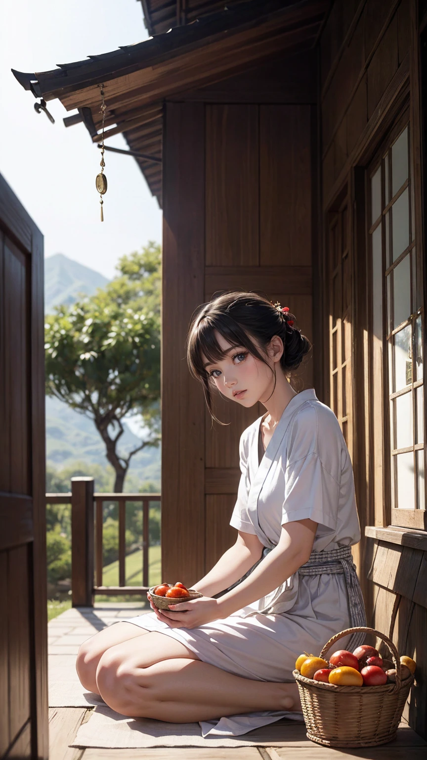 ((最high quality, 8K, masterpiece: 1.3, Ultra HD, high quality, 最high quality, High resolution, realism)) 、A stunningly beautiful 22-year-old Japanese woman、hair color is black、black eye、medium hair、straight hair、smile、Slender but well-proportioned muscular body、Athlete-like body type、I don't want my head to disappear from the screen.、Wearing accessories on your wrist、Wearing red nail polish、I have a peticure、Sitting on the veranda of a Japanese house in the Japanese countryside、It's summer、A wind chime is hung in front of the eaves.、barefoot、There is a basket full of tomatoes and carrots on the veranda.、The basket is made of woven bamboo strips、A courtyard spreads out in front of the verandah.、There is a well with a hand pump in the courtyard.、wear a yukata、smile