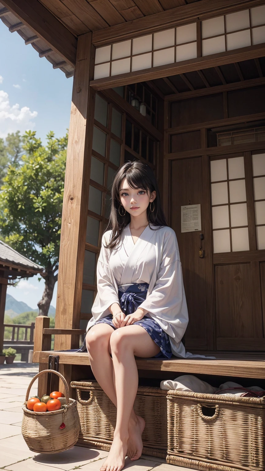 ((最high quality, 8K, masterpiece: 1.3, Ultra HD, high quality, 最high quality, High resolution, realism)) 、A stunningly beautiful 22-year-old Japanese woman、hair color is black、black eye、medium hair、straight hair、smile、Slender but well-proportioned muscular body、Athlete-like body type、I don&#39;t want my head to disappear from the screen.、Wearing accessories on your wrist、Wearing red nail polish、I have a peticure、Sitting on the veranda of a Japanese house in the Japanese countryside、It&#39;s summer、A wind chime is hung in front of the eaves.、barefoot、There is a basket full of tomatoes and carrots on the veranda.、The basket is made of woven bamboo strips、A courtyard spreads out in front of the verandah.、There is a well with a hand pump in the courtyard.、wear a yukata、smile