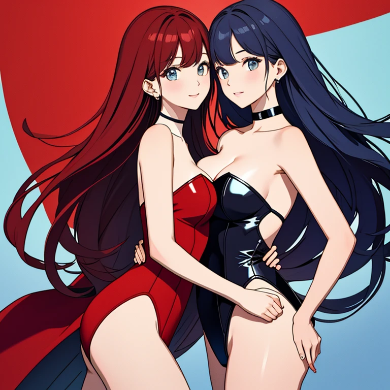 ((masterpiece、top-quality:1.5、a high chroma:1.5、ultra-detailliert、high-resolution illustrations:1.5、Ultra-high-definition CG、8k size wallpaper、offcial art))、(yuri),(2girls,twin sisters),(cute face:1.5)、(clear face:1.3),
(Blue-only color scheme:1.5), (red-only color scheme:1.5),(sexy body),(One only wears red, one only wears blue.),(strapless leotard),(long hair), ((medium breasts))、
,(yuri),(hug)、(upper body)、