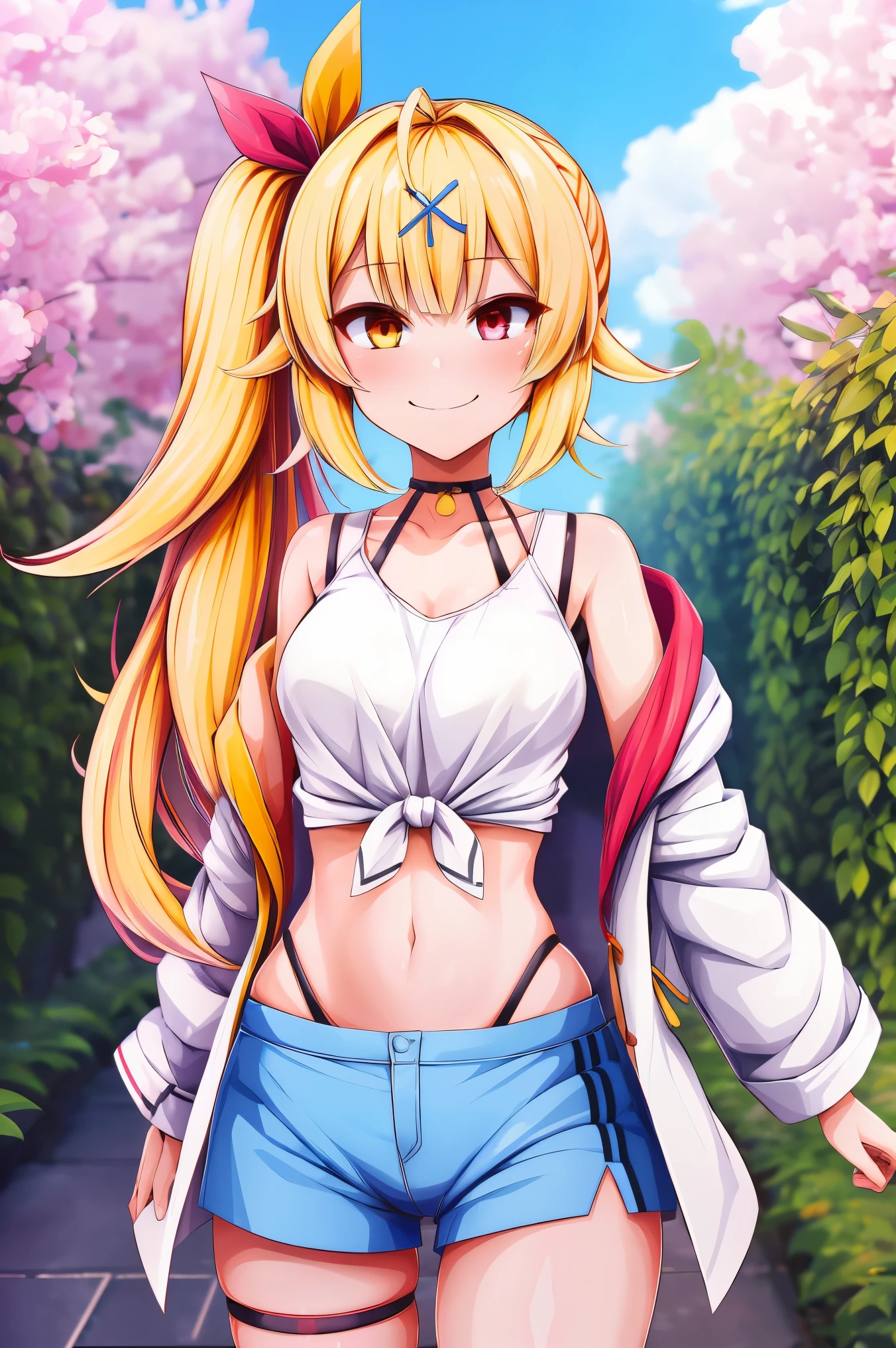 masterpiece, best quality, highres, hs1, red eyes, yellow eyes, side ponytail, x hair ornament, thigh strap, blue shorts, front-tie top, hair ribbon, midriff, short shorts, panty straps, white shirt, black choker, open jacket, cowboy shot, standing, smile, outdoors, garden