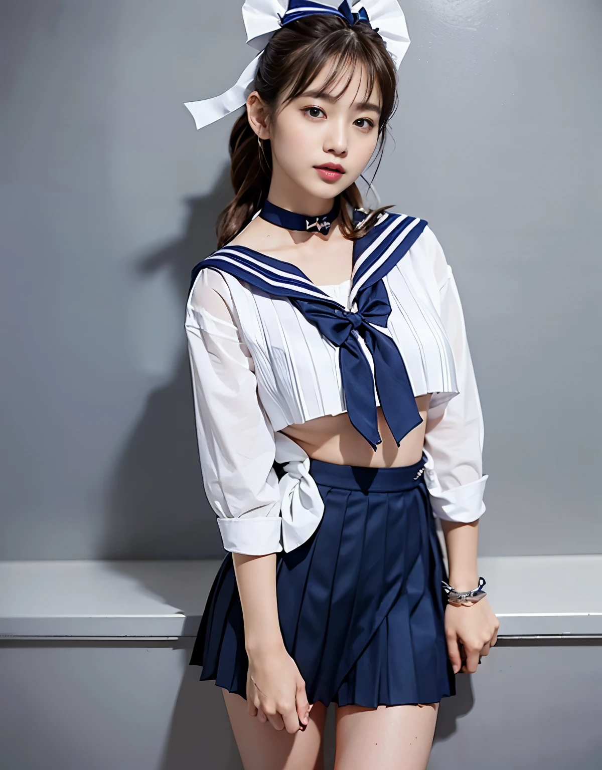 NSFW, 16k raw photos, highest quality, masterpiece, ultra high resolution, film grain, ((She is wearing (a high school sailor uniform).
(navy sailor collar:1.4),(white shirt:1.4),(navy pleats skirt:1.4),(navy bow:1.4))).film, 1 girl, look at the audience, Natural skin texture very heavy chest))),Realistic eye and face details, full lips, lipstick makeup), red eyeshadow, Fluffy ponytail hair, messy hair, A sloppy smile, beautiful legs, tall woman, skinny, slim_Legs, solo, huge breasts, cleavage, butt, shirt,, around the flower position, (detailed background,skimpy white shirt, huge breasts, cleavage, blurred background, plaid,, ((JK with a silver ribbon wrapped around her neck))),big JK ribbon, brown hair, bracelet, water, bangs, jewelry, parted lips,, Depth of bounds written、Underarm pussy、beautiful sea、water color striped pattern、beautiful sandy beach、