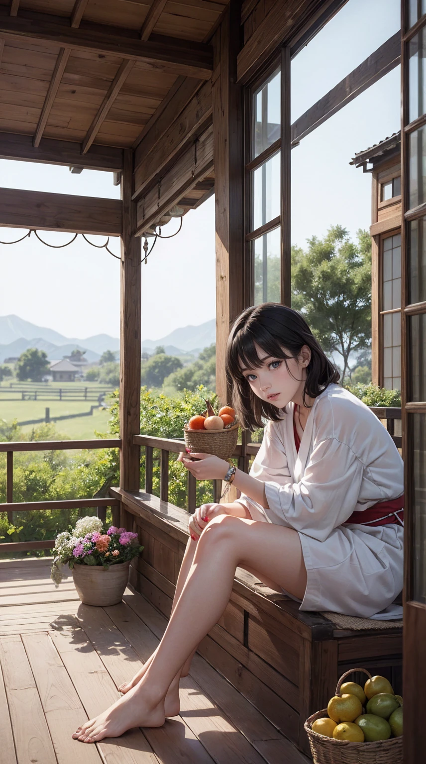 ((最high quality, 8K, masterpiece: 1.3, Ultra HD, high quality, 最high quality, High resolution, realism)) 、A stunningly beautiful 22-year-old Japanese woman、hair color is black、black eye、medium hair、straight hair、smile、Slender but well-proportioned muscular body、Athlete-like body type、I don&#39;t want my head to disappear from the screen.、Wearing accessories on your wrist、Wearing red nail polish、I have a peticure、Sitting on the veranda of a Japanese house in the Japanese countryside、It&#39;s summer、A wind chime is hung in front of the eaves.、barefoot、There is a basket full of tomatoes and carrots on the veranda.、The basket is made of woven bamboo strips、A courtyard spreads out in front of the verandah.、There is a well with a hand pump in the courtyard.、wear a yukata、smile