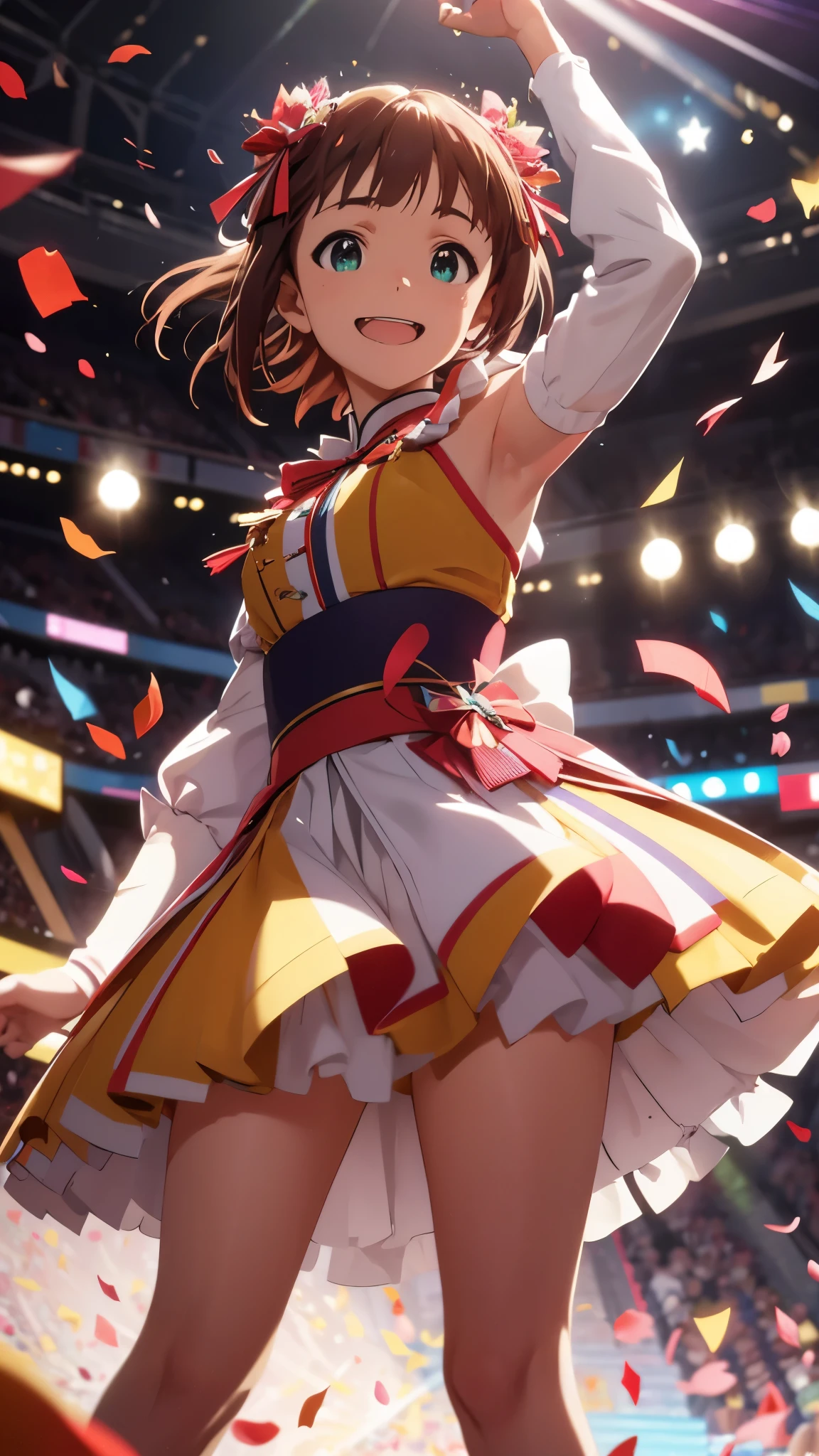 CG, unity, 8k, wallpaper, highest quality, masterpiece, 1girl, cheerful girl, 17-year-old, haruka amami, singing, open your mouth wide, idol pose, (bright smile: 1.2), Small symmetrical ribbons on each side of the head, best lighting, complex pupils, complex textile, on the shining stage, she is the best idol, (cinematic angle), dynamic pose, colorful, splendid, light particles, lens flare, depth of field, blurry, blurry background, falling petals, confetti, milestone celebration