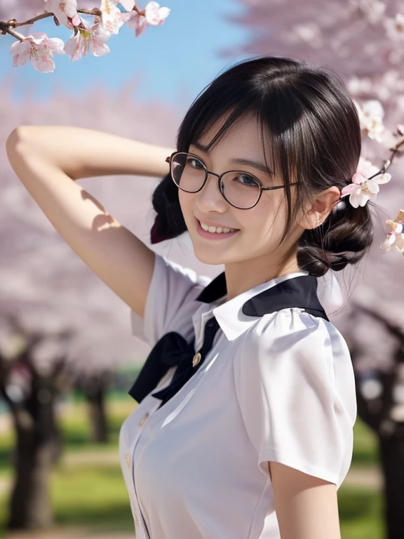 (Girl with small breasts and twintail hair in a collared blouse:1.5)、(The girl spreads her arms wide with a small smile、Let your hair fly in the wind :1.5)、(Rows of cherry blossom trees in full bloom and cherry blossom petals dancing in the wind:1.5)、(perfect anatomy:1.3)、(no mask:1.3)、(full finger:1.3)、(cleavage)、realistic、photo shoot、highest quality、High resolution, delicate and beautiful、perfect face、detailed and beautiful eyes、Fair skin、real human skin、pores、((thin legs))、(black hair)、((Low - Angle))、Blue sky、round glasses