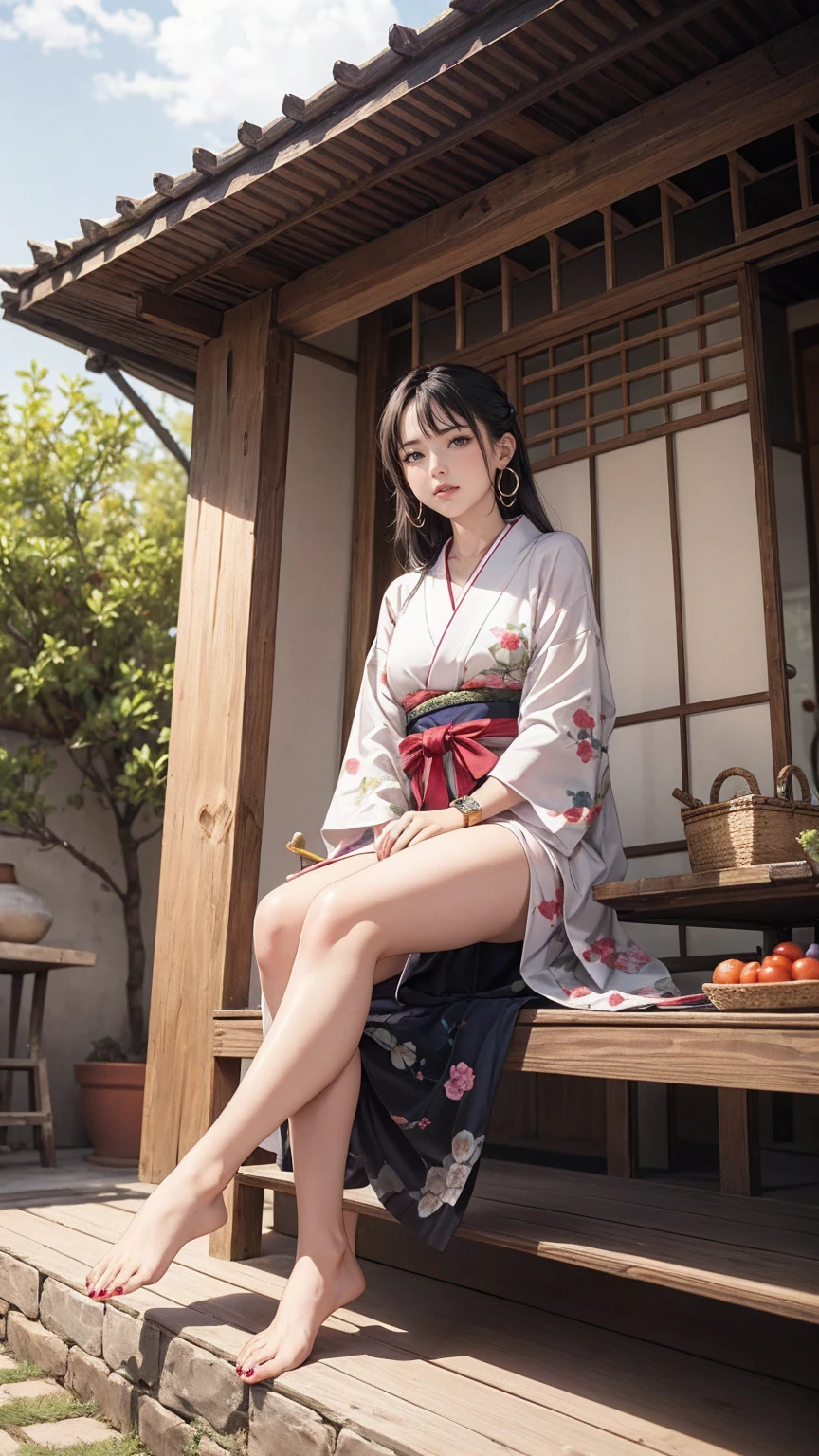 ((最high quality, 8K, masterpiece: 1.3, Ultra HD, high quality, 最high quality, High resolution, realism)) 、A stunningly beautiful 22-year-old Japanese woman、hair color is black、black eye、medium hair、straight hair、smile、Slender but well-proportioned muscular body、Athlete-like body type、I don't want my head to disappear from the screen.、Wearing accessories on your wrist、Wearing red nail polish、I have a peticure、Sitting on the veranda of a Japanese house in the Japanese countryside、It's summer、A wind chime is hung in front of the eaves.、barefoot、There is a basket full of tomatoes and carrots on the veranda.、The basket is made of woven bamboo strips、A courtyard spreads out in front of the verandah.、There is a well with a hand pump in the courtyard.、wear a yukata、smile