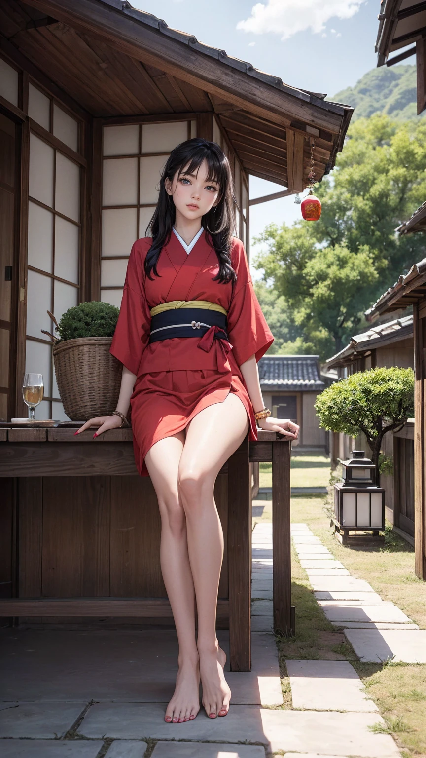 ((最high quality, 8K, masterpiece: 1.3, Ultra HD, high quality, 最high quality, High resolution, realism)) 、A stunningly beautiful 22-year-old Japanese woman、hair color is black、black eye、medium hair、straight hair、smile、Slender but well-proportioned muscular body、Athlete-like body type、I don't want my head to disappear from the screen.、Wearing accessories on your wrist、Wearing red nail polish、I have a peticure、Sitting on the veranda of a Japanese house in the Japanese countryside、It's summer、A wind chime is hung in front of the eaves.、barefoot、There is a basket full of tomatoes and carrots on the veranda.、The basket is made of woven bamboo strips、A courtyard spreads out in front of the verandah.、There is a well with a hand pump in the courtyard.、wear a yukata、smile