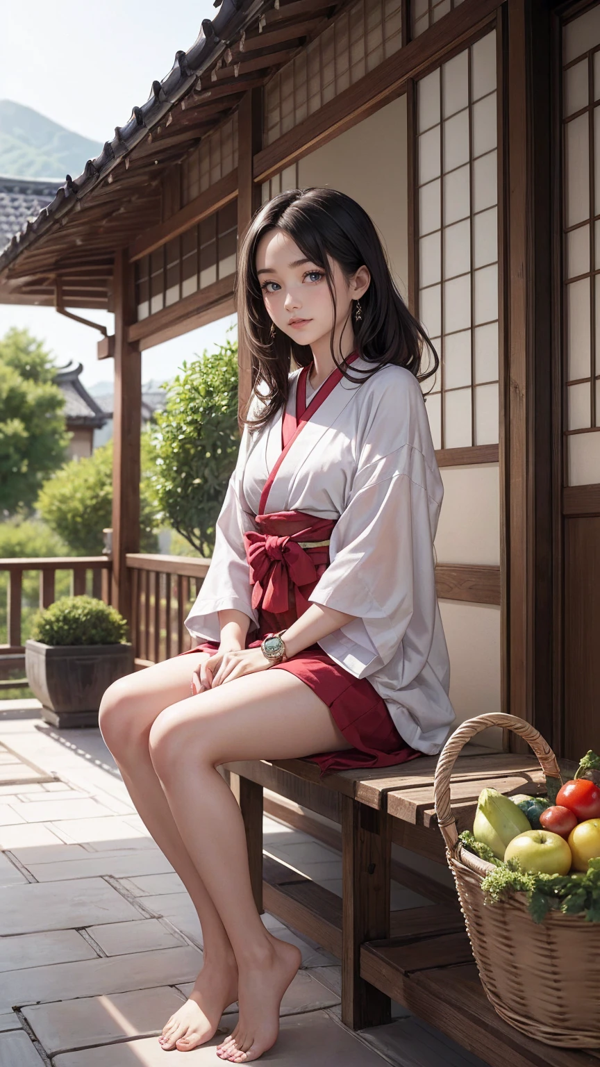 ((最high quality, 8K, masterpiece: 1.3, Ultra HD, high quality, 最high quality, High resolution, realism)) 、A stunningly beautiful 22-year-old Japanese woman、hair color is black、black eye、medium hair、straight hair、smile、Slender but well-proportioned muscular body、Athlete-like body type、I don't want my head to disappear from the screen.、Wearing accessories on your wrist、Wearing red nail polish、I have a peticure、Sitting on the veranda of a Japanese house in the Japanese countryside、It's summer、A wind chime is hung in front of the eaves.、barefoot、There is a basket full of tomatoes and carrots on the veranda.、The basket is made of woven bamboo strips、A courtyard spreads out in front of the verandah.、There is a well with a hand pump in the courtyard.、wear a yukata、smile