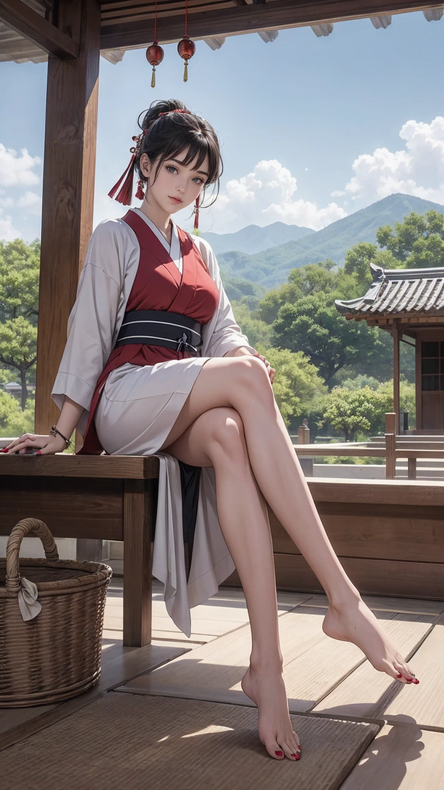 ((最high quality, 8K, masterpiece: 1.3, Ultra HD, high quality, 最high quality, High resolution, realism)) 、A stunningly beautiful 22-year-old Japanese woman、hair color is black、black eye、medium hair、straight hair、smile、Slender but well-proportioned muscular body、Athlete-like body type、I don't want my head to disappear from the screen.、Wearing accessories on your wrist、Wearing red nail polish、I have a peticure、Sitting on the veranda of a Japanese house in the Japanese countryside、It's summer、A wind chime is hung in front of the eaves.、barefoot、There is a basket full of tomatoes and carrots on the veranda.、The basket is made of woven bamboo strips、A courtyard spreads out in front of the verandah.、There is a well with a hand pump in the courtyard.、wear a yukata、smile