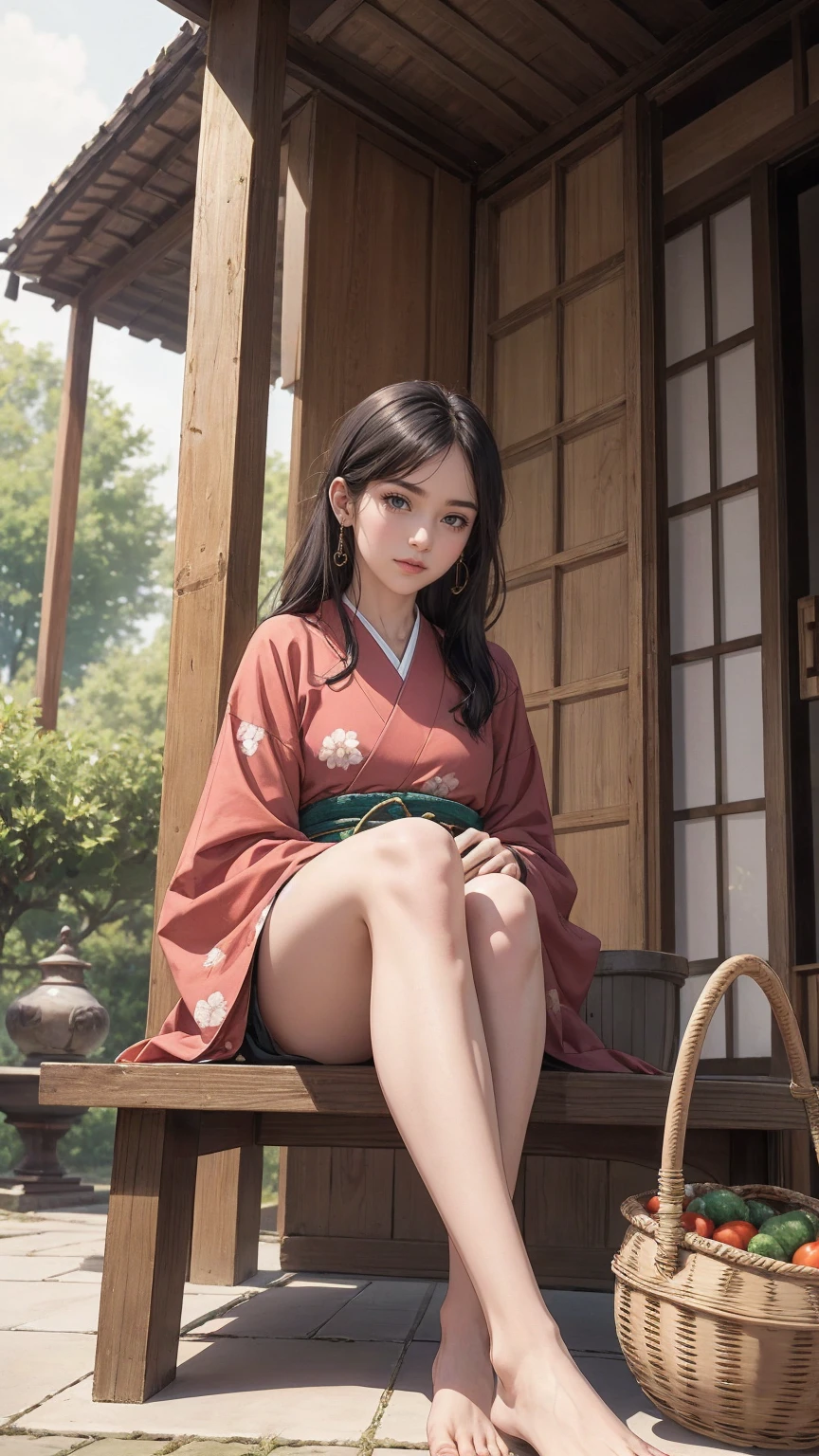 ((最high quality, 8K, masterpiece: 1.3, Ultra HD, high quality, 最high quality, High resolution, realism)) 、A stunningly beautiful 22-year-old Japanese woman、hair color is black、black eye、medium hair、straight hair、smile、Slender but well-proportioned muscular body、Athlete-like body type、I don&#39;t want my head to disappear from the screen.、Wearing accessories on your wrist、Wearing red nail polish、I have a peticure、Sitting on the veranda of a Japanese house in the Japanese countryside、It&#39;s summer、A wind chime is hung in front of the eaves.、barefoot、Fanning oneself、A courtyard spreads out in front of the verandah.、wear a yukata