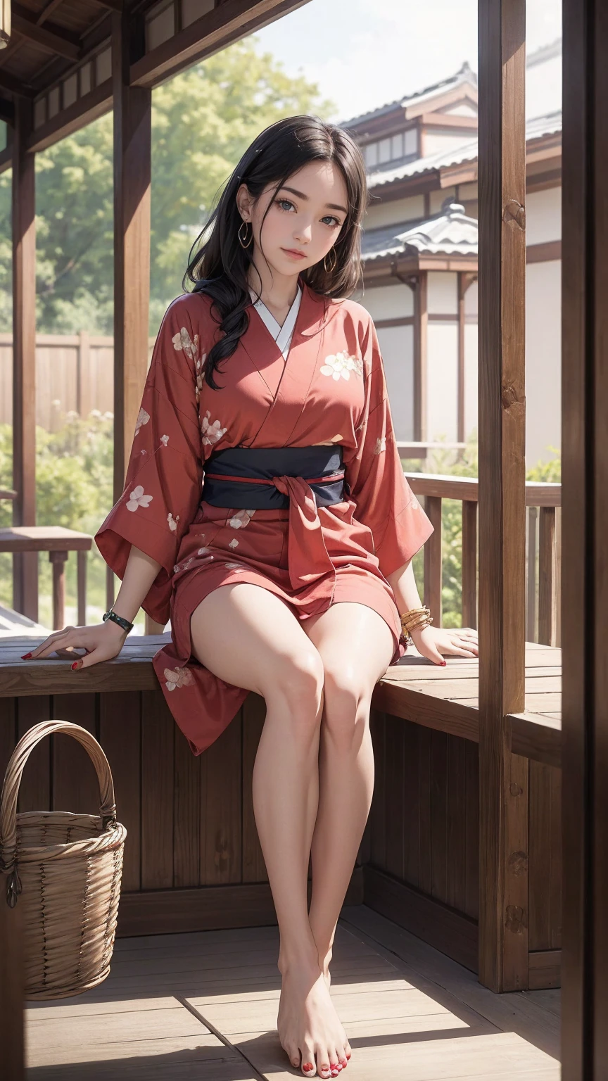 ((最high quality, 8K, masterpiece: 1.3, Ultra HD, high quality, 最high quality, High resolution, realism)) 、A stunningly beautiful 22-year-old Japanese woman、hair color is black、black eye、medium hair、straight hair、smile、Slender but well-proportioned muscular body、Athlete-like body type、I don&#39;t want my head to disappear from the screen.、Wearing accessories on your wrist、Wearing red nail polish、I have a peticure、Sitting on the veranda of a Japanese house in the Japanese countryside、It&#39;s summer、A wind chime is hung in front of the eaves.、barefoot、There is a basket full of tomatoes and carrots on the veranda.、The basket is made of woven bamboo strips、A courtyard spreads out in front of the verandah.、There is a well with a hand pump in the courtyard.、wear a yukata、smile