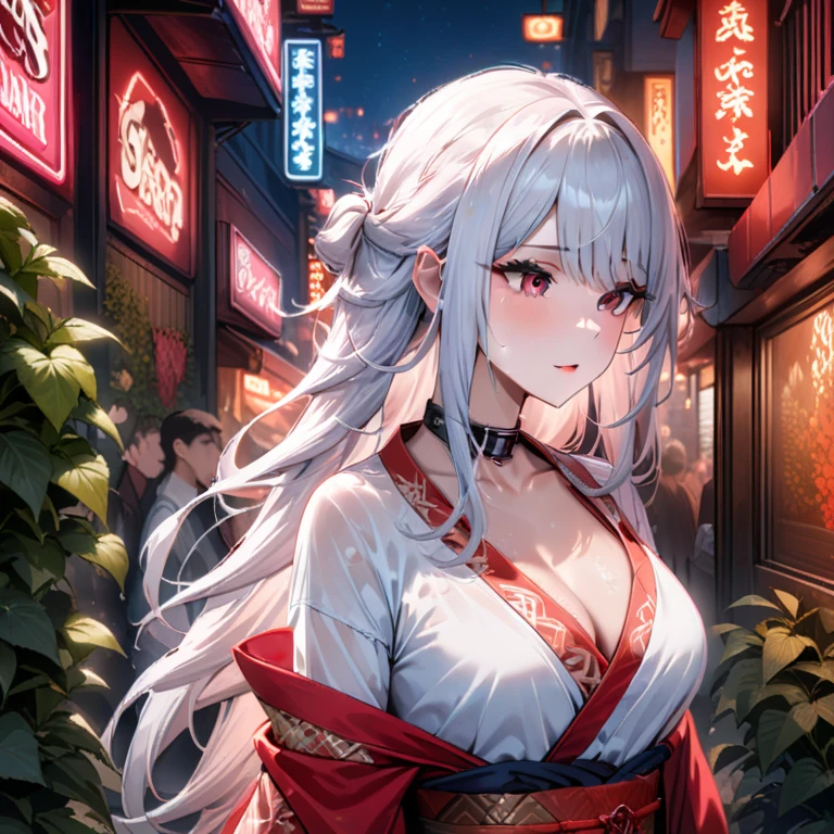 Hyper-realistic 8K CG, masterpiece, ((Super detailed background, Exquisite pattern, intricate details)), best quality, intricate detailss, Color difference, 1 girl, long hair, white hair, messy hair, red highlights, sharp vision, collar, weed wall, neon lights , crowded , night, dim lights, Castle Background , kimono , see through white shirt, masterpiece, best quality