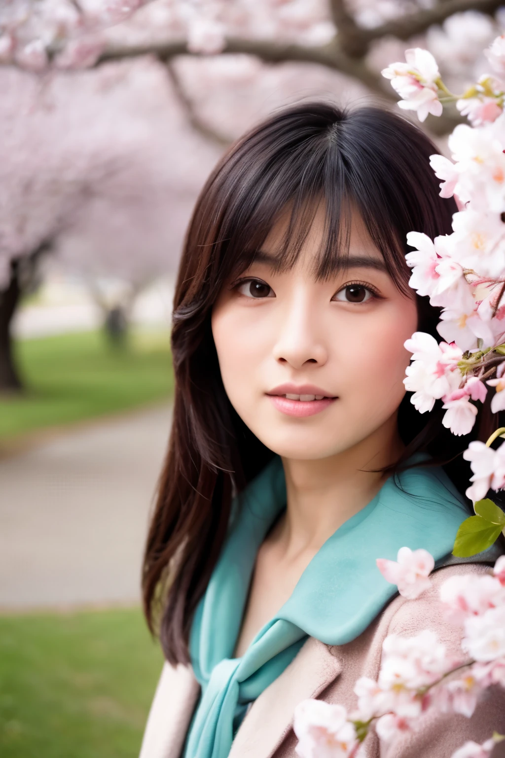 (masterpiece), High quality, 8K, High resolution, Skinny Japanese woman, 30 years old, Cute face:2, detailed face, detailed eyes, standing under cherry blossom trees, cascade of falling cherry blossoms, Green clothes, spring fashion, Portrait