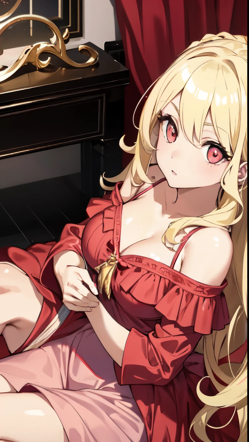 a girl, blonde hair, big eyes, red eyes, luxurious face, beautiful, rich, wearing a pink dress