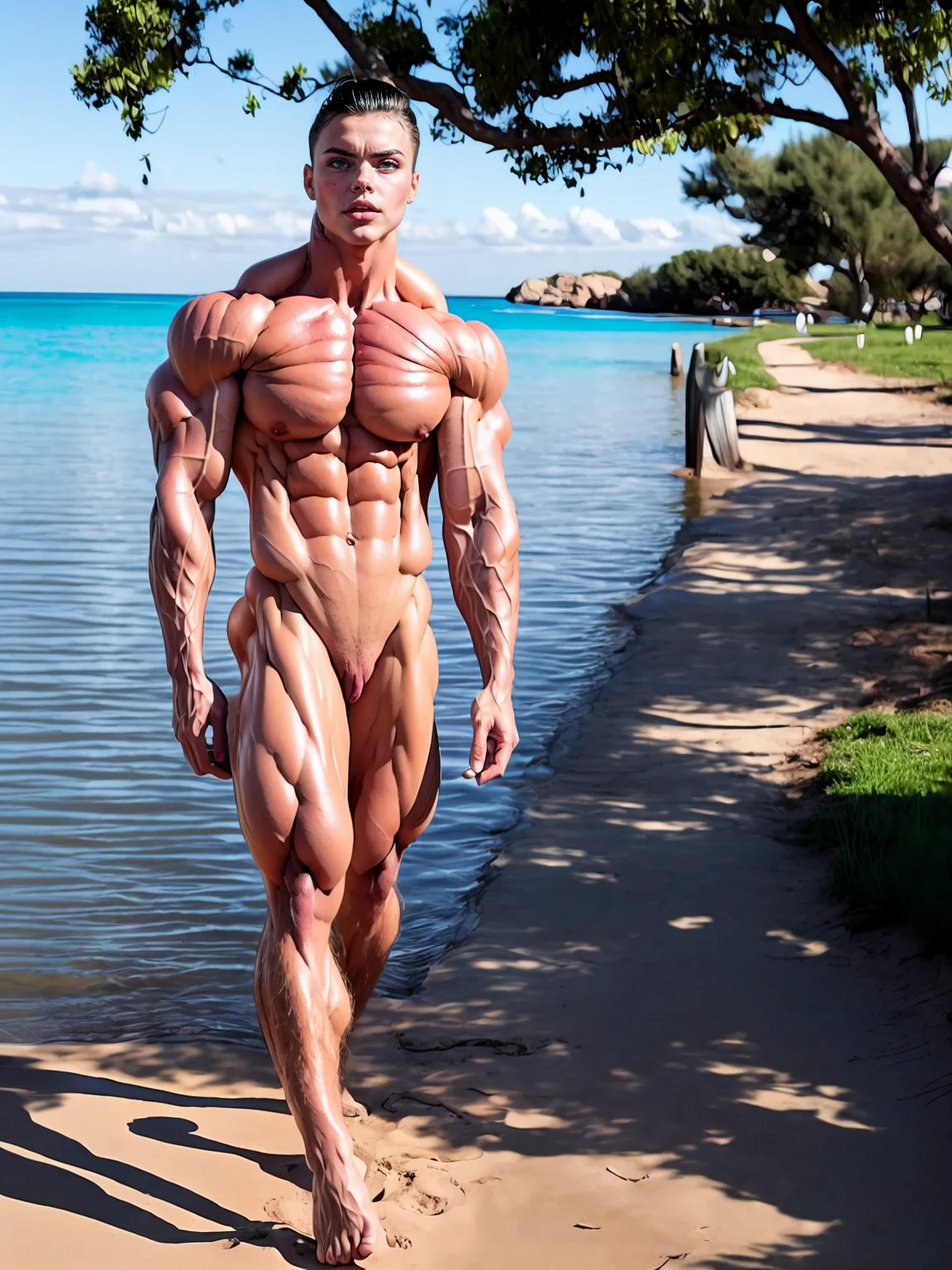 (1 girl:1.25), (cara delevingne:1.25), (a photo of a bodybuilder girl naked on the beach:1.25), (long pink hair:1.25), (huge upper body:1.25), (wide shoulders:1.25), (huge muscular arms:1.45,) (10-pack abs:1.25), (skinny legs), Realistic, Very detailed face and eyes, masterpiece