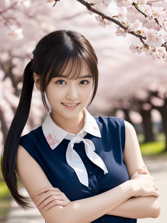(Girl with beautiful breasts and twintail hair in a collared blouse:1.5)、(The girl spreads her arms wide with a small smile、Let your hair fly in the wind :1.5)、(Rows of cherry blossom trees in full bloom and cherry blossom petals dancing in the wind:1.5)、(perfect anatomy:1.3)、(no mask:1.3)、(full finger:1.3)、(cleavage)、realistic、photo shoot、highest quality、High resolution, delicate and beautiful、perfect face、detailed and beautiful eyes、Fair skin、real human skin、pores、((thin legs))、(black hair)、((Low - Angle))、Blue sky、