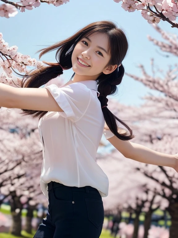 (Girl with beautiful breasts and twintail hair in a collared blouse:1.5)、(The girl spreads her arms wide with a small smile、Let your hair fly in the wind :1.5)、(Rows of cherry blossom trees in full bloom and cherry blossom petals dancing in the wind:1.5)、(perfect anatomy:1.3)、(no mask:1.3)、(full finger:1.3)、(cleavage)、realistic、photo shoot、highest quality、High resolution, delicate and beautiful、perfect face、detailed and beautiful eyes、Fair skin、real human skin、pores、((thin legs))、(black hair)、((Low - Angle))、Blue sky、