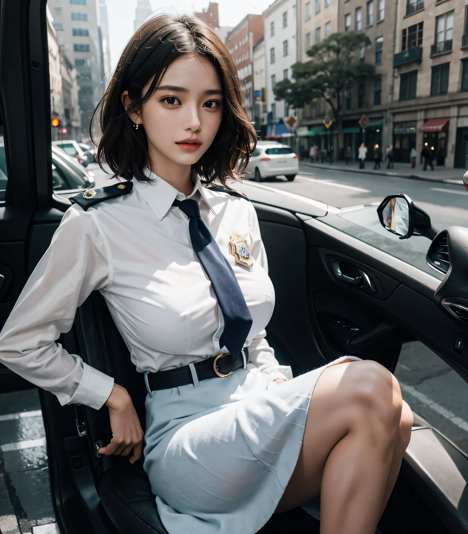 absurdres, RAW photo, extremely delicate and beautiful, masterpiece, Best Quality, ultra high resolution, 32k, hyperrealistic, ultra-detailed, perfect anatomy, perfect figure, super Detailed skin, Very detailed CG 8k wallpaper, in her 20s, very Slim body, narrow waist, very small head, very small face, delicate facial features, tearful mole, earring, thin legs, (very huge round breasts:1.2), full body shot, (solo:1.2), short hair, (wavy hair:1.2), wet clothes, (police officer uniform:1.2), Skirt, (dress shirt:1.1),