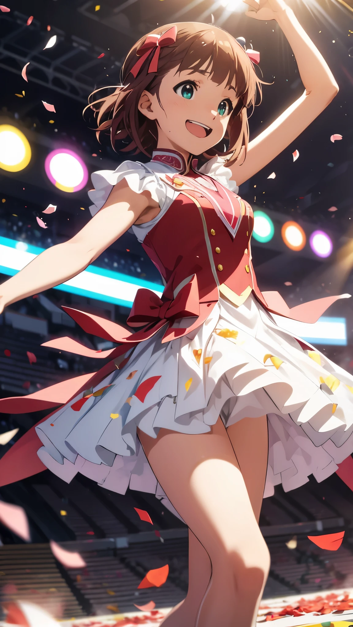 CG, unity, 8k, wallpaper, highest quality, masterpiece, 1girl, cheerful girl, 17-year-old, haruka amami, singing, open your mouth wide, idol pose, (bright smile: 1.2), Small symmetrical ribbons on each side of the head, best lighting, complex pupils, complex textile, on the shining stage, she is the best idol, (cinematic angle), dynamic pose, colorful, splendid, light particles, lens flare, depth of field, blurry, blurry background, falling petals, confetti, milestone celebration