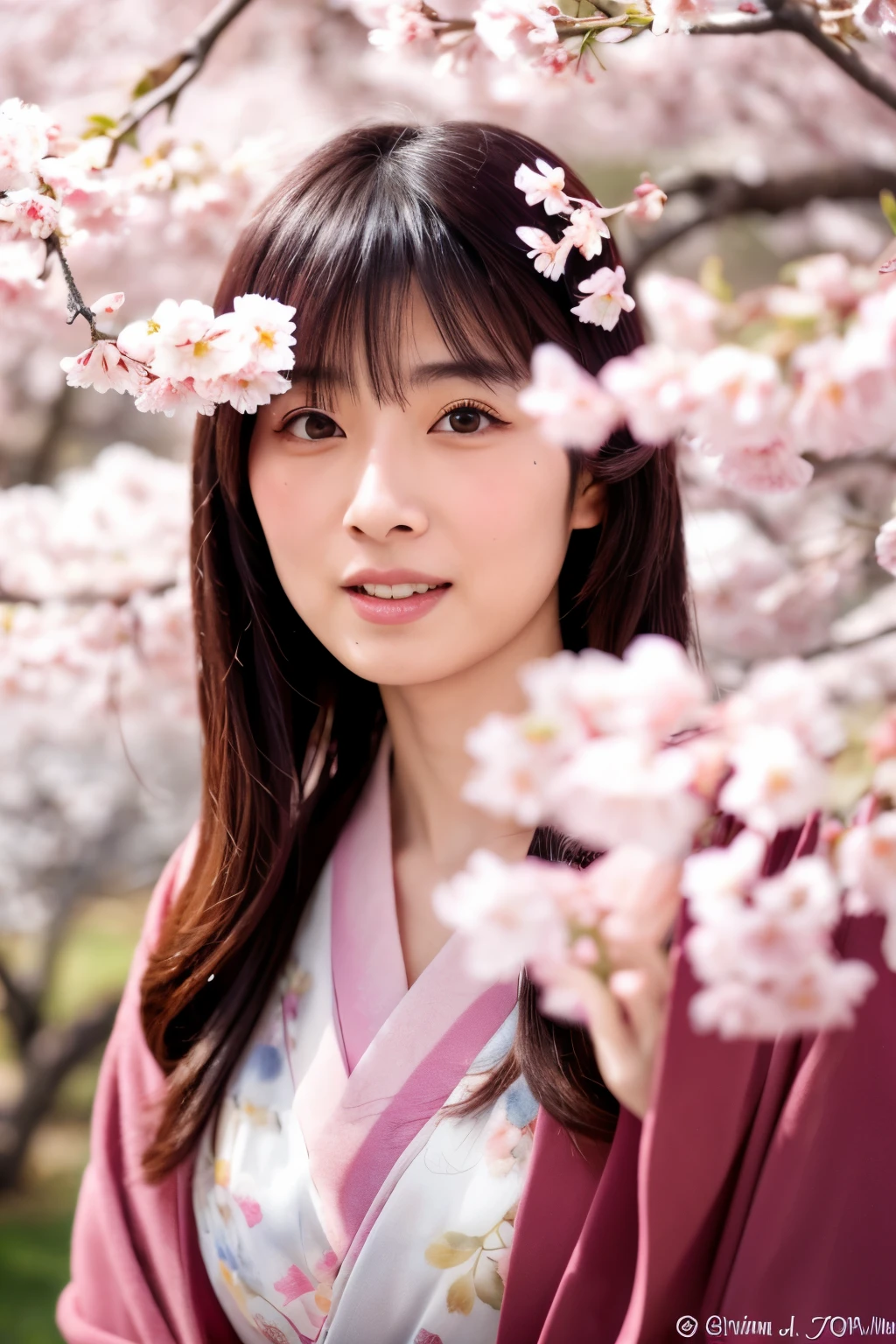 (masterpiece), High quality, 8K, High resolution, Skinny Japanese woman, 30 years old, Cute face:2, detailed face, detailed eyes, standing under cherry blossom trees, cascade of falling cherry blossoms, Japanese kimono