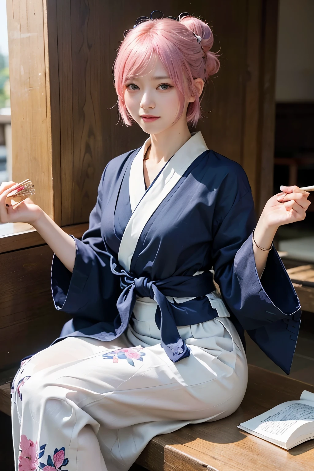 (8K, highest quality, masterpiece:1,2), (realistic, Photoreal:1.37), Super detailed, one girl,), (very detailed), (detailed and beautiful eyes), (highest qualityの), (Super detailed ), (masterpiece), (detailed face),20-year-old, ,1 girl, ((pink hair,very short hair)), medium breasts, dressed, perfect lighting, break  (navy blue haori:1.3), (white collar:1.2), (three quarter sleeves:1.2), (white kimono:1.4), (nature motif pattern:1.2), (navy blue hakama:1.3), (Ankle length:1.2), (The hem is not too wide either、:1.2), (white obi:1.4), (simple knot:1.2), (white foot bag:1.2), (Black geta:1.2), (low height:1.2), (Easy to walk:1.2), (bun hair:1.2), (hair ornaments:1.2), (flowers and pieces of paper:1.2), break bun hair, flowers and pieces of paper hair ornaments, smile, friendly, looking at camera, hold soba with right hand, Holding chopsticks with left hand, Please do not put soup on the soba., In front of the soba shop counter, Wall with menu and photos, Natural light, Adding soft shadows to the face
