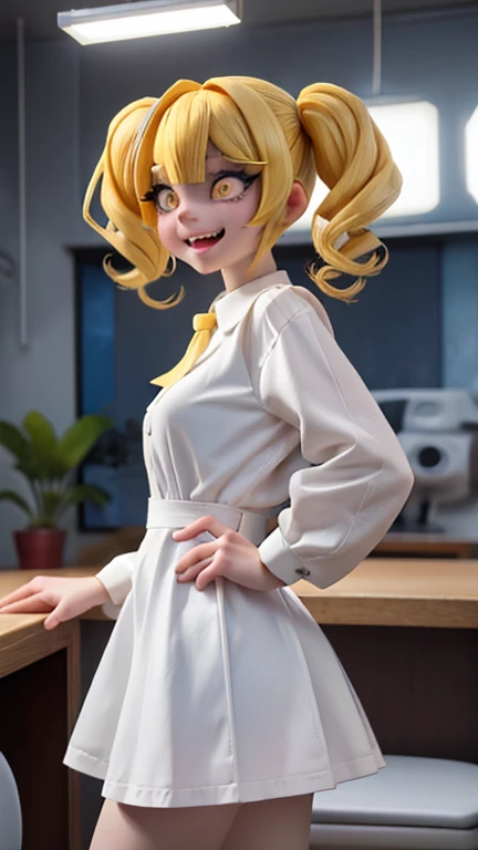 female robot, short skirt, big white dress shirt, pigtails, Yellow-haired, Laughing like your mouth is tearing apart, It&#39;s a shark tooth, eyes are yellow, The eyes are not human eyes but robotic., she enjoys killing, The pupils are very big, The eyes have yellow pupils in the shape of an X.. There is blood on her clothes., There&#39;s madness in her eyes