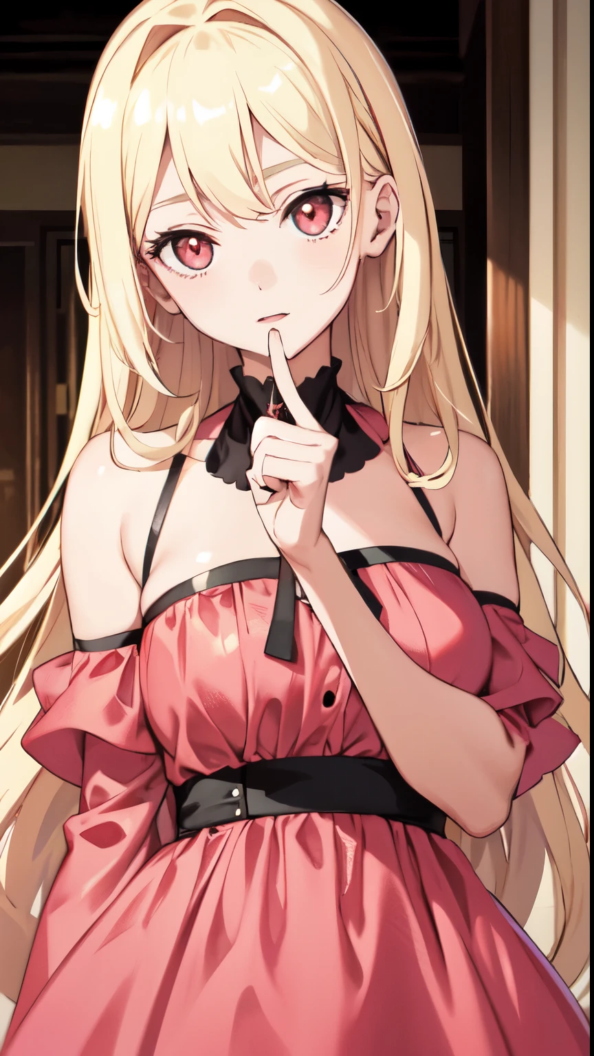 1girl, solo, nakano nino, cabello rubio, adorno de cabello de mariposa, (desnudo: 1.3), (delantal blanco), pechos grandes, escote, muslos, fondo cocina, (rubor: 1.3)