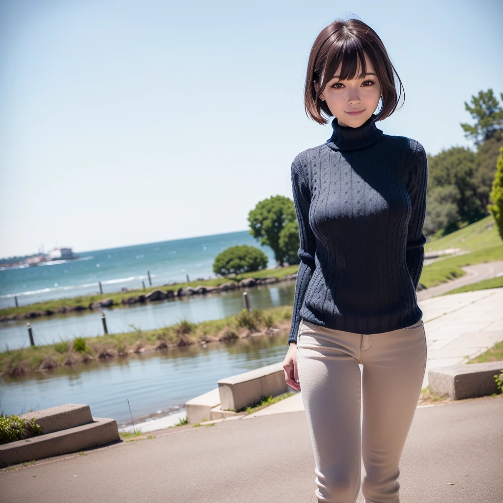 (actual:1.4), best quality, ultra high resolution,
4K, Instagram,Very detailed, model photos,Instagram,
(turtleneck sweater: 1.5), blue jeans,
Bangs,Smile,
In Lake Park,
Virtual girl Rin,
small breasts, short hair,brown hair, brown eyes, black collar,