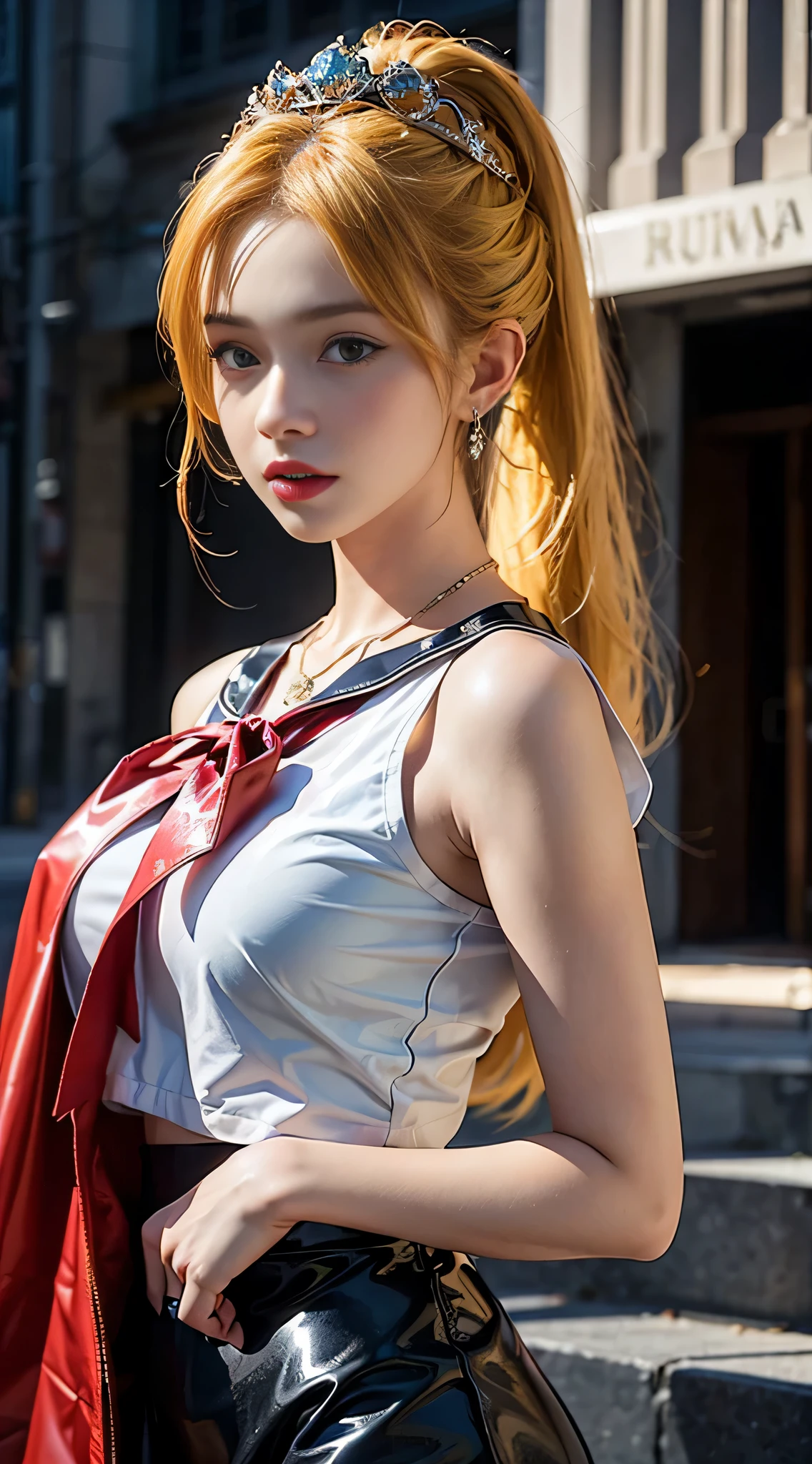 ((masterpiece:1.4)、(highest quality:1.4)、(realistic:1.7))、master piece:1.4、(Finest rendering:1.4)、beautiful girl、(beautiful girl warrior sailor moon:1.4)、moon wild rabbit、Body fit sexy sailor warrior uniform、(shiny latex:1.4)、(The jacket is a white sleeveless sailor uniform....)、(Skirt Blue Sexy Ultra Ultra Pleated Mini Skirt)、There are two thin blue lines on the collar of the sailor uniform................、high leg swimwear、red cloth decoration on chest、(wearing white gloves)、cute girl、Super beautiful、sharp focus、portrait photography:1.4、8k、realistic photo images:1.4、(perfect female body:1.4)、perfect proportions、(Upper body photography:1.4)、beautiful face、beautiful eyes、narrow waist:1.4、(9 life size beautiful style girl:1.4)、(Beautiful girl with long legs and good shape:1.4)、beautiful feet、(yellow hair:1.4)、(long hair:1.2)、(ponytail:1.2)、beautiful breasts、big breasts:1.2、sexy butt、Raw photo、red lips、red high heels:1.4、choker:1.4、necklace:1.4、earrings:1.4、luxurious golden tiara:1.4、1 screen display、moon、universe、universe ship、universe station、city of the future