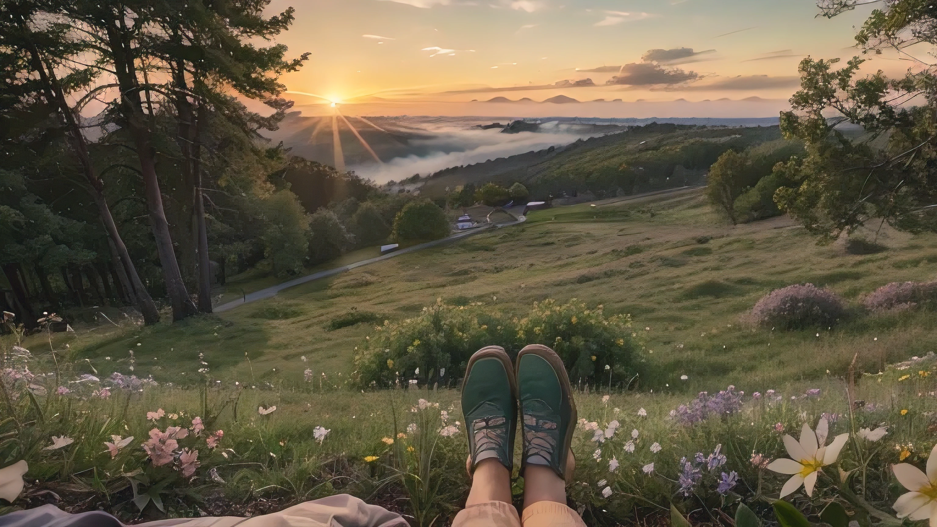 (light morning fog in the distance):1.2335, First-person view, (POV:1/5), an 8-year-old boy in blue shorts and blue children's sandals sits on a high cliff and looks down, below him stretches a spring meadow with the first spring flowers and young green grass, the first spring insects circle over the flowers, trees and shrubs grow on the edge of the clearing, spring flowers on the trees, green buds are swelling on the shrubs, early vesta, morning, the sun is just beginning to rise on the distant horizon, coloring the sky pinkish, Spring Morning, Beautiful Spring Morning, palette of early spring morning, (masterpiece:1.305), (high resolution:1.305), 32k, (digital art:1.1), smoothing of textures