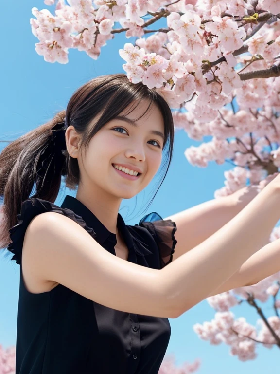 (A girl with beautiful breasts and side-tail hair in a sheer collared blouse:1.5)、(The girl spreads her arms wide with a small smile、Let your hair fly in the wind :1.5)、(Rows of cherry blossom trees in full bloom and cherry blossom petals dancing in the wind:1.5)、(perfect anatomy:1.3)、(no mask:1.3)、(full finger:1.3)、(cleavage)、realistic、photo shoot、highest quality、High resolution, delicate and beautiful、perfect face、detailed and beautiful eyes、Fair skin、real human skin、pores、((thin legs))、(black hair)、((Low - Angle))、Blue sky、large scrunchie