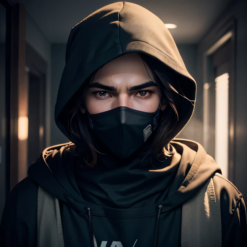 1 male, masculin, hoodie close, masked, mysterious, dark, one light behind, uhd light, hq, 8k, 33yo, white bandage on nose