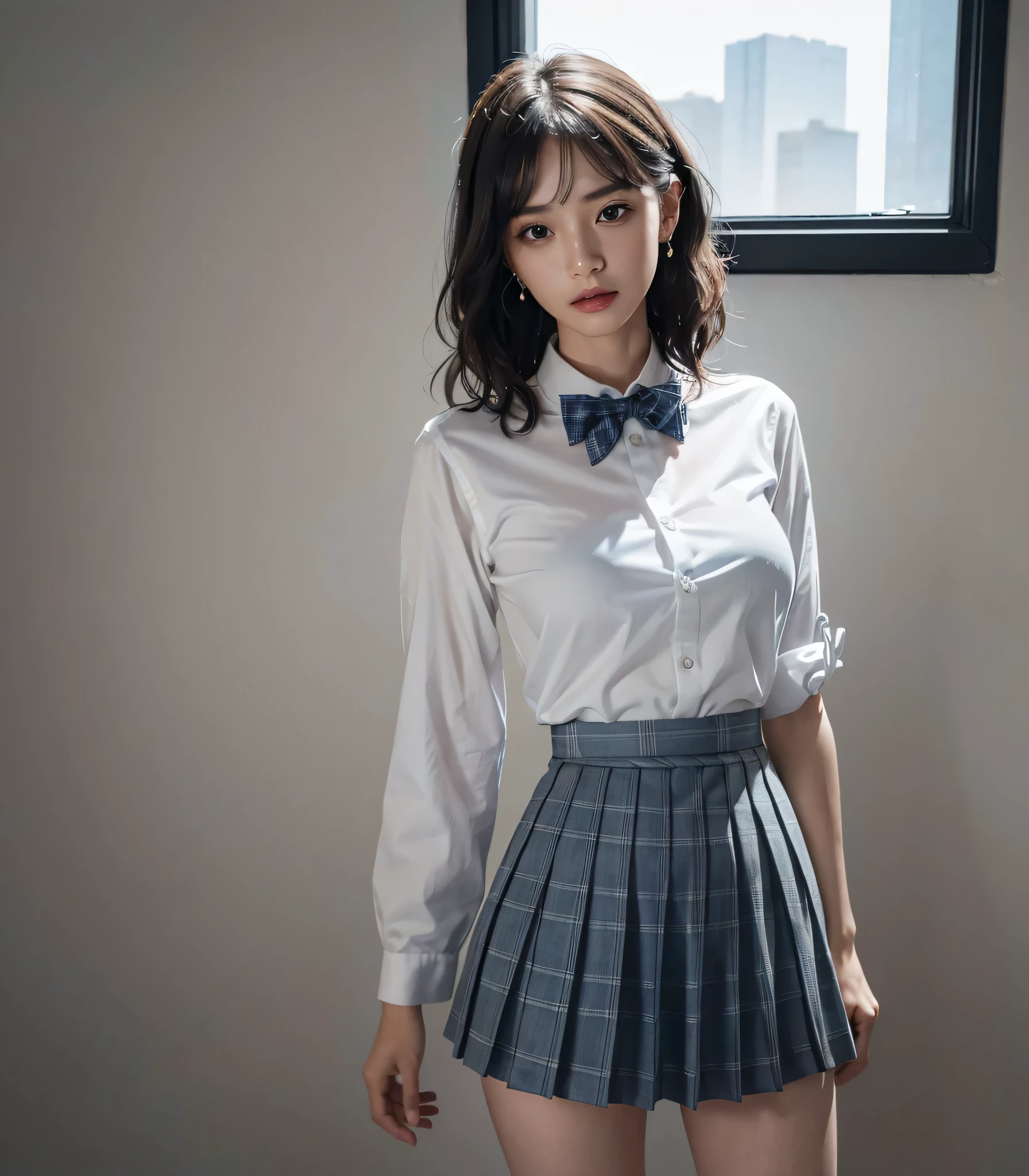 absurdres, RAW photo, extremely delicate and beautiful, masterpiece, Best Quality, ultra high resolution, 32k, hyperrealistic, ultra-detailed, perfect anatomy, perfect figure, super Detailed skin, Very detailed CG 8k wallpaper, in her 20s, very Slim body, narrow waist, very small head, very small face, delicate facial features, tearful mole, earring, thin legs, (very huge round breasts:1.2), full body shot, (solo:1.2), short hair, (wavy hair:1.2), wet clothes, white collared shirts, gray pleated mini skirt), blue plaid bow tie,