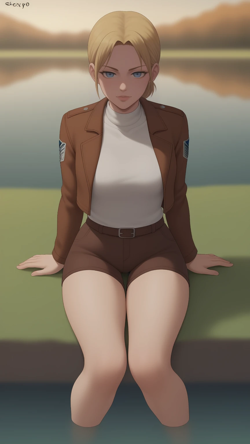 score_9,score_8_up,score_7_up, shexyo, shexyo style, attack on titan, annie leonhart, front view, thighs, thigh focus, leather shorts, white shirt, brown shorts, brown jacket, open jacket, outdoors, lake, grass, sitting on ground, sitting, nature, autumn, fall(season), by the lake, feet in lake, sexy, pond