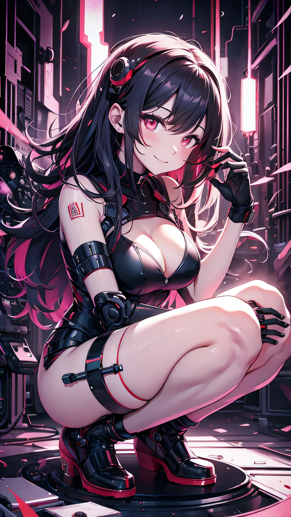 最high quality、best image quality、masterpiece、android girl((18-year-old、 By becoming、vest bust、medium bust,wide open breast tea、red glowing eyes, water hair、messy hair、long hair、thin,highest valley、white robot body、shining blue body、Close ~ eyes、All connected to cables、Show the whole body、robot arm、robot feet、villain、evil smile、squat、Leaning forward)),high quality、beautiful art、background((dark bio facility、dark room、Infrared Sensor、red lighting))、Flight、debris flies、Depth of written boundary、movie、visual art、perfect art、8K,genuine、
