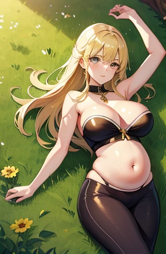 (best quality,a high resolution),Pregnant German women,belly,Bare belly,Beautiful detailed eyes,golden hair,perfect makeup,fit,Wear a strapless top,leggings,huge breasts,Thin,Putting his hands on her exposed belly,,Intense pregnancy glow,Stunning style,Standing in a blooming garden,There are colorful flowers around her,Vibrant green grass,peaceful atmosphere,The gentle sunshine shines on her,Create a warm and gentle feeling,Highlight her shine.