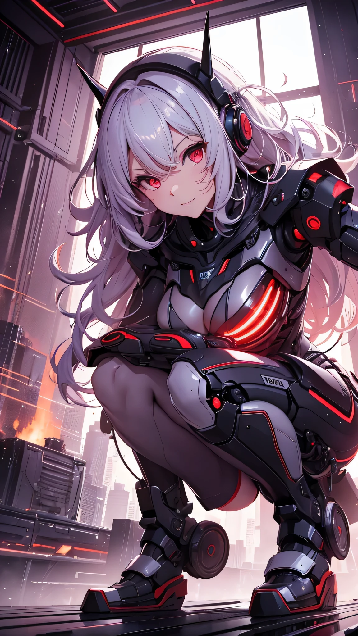 最high quality、best image quality、masterpiece、android girl((18-year-old、 By becoming、vest bust、medium bust,wide open breast tea、red glowing eyes, water hair、messy hair、long hair、thin,highest valley、white robot body、shining blue body、Close ~ eyes、All connected to cables、Show the whole body、robot arm、robot feet、villain、evil smile、squat、Leaning forward)),high quality、beautiful art、background((dark bio facility、dark room、Infrared Sensor、red lighting))、Flight、debris flies、Depth of written boundary、movie、visual art、perfect art、8K,genuine、