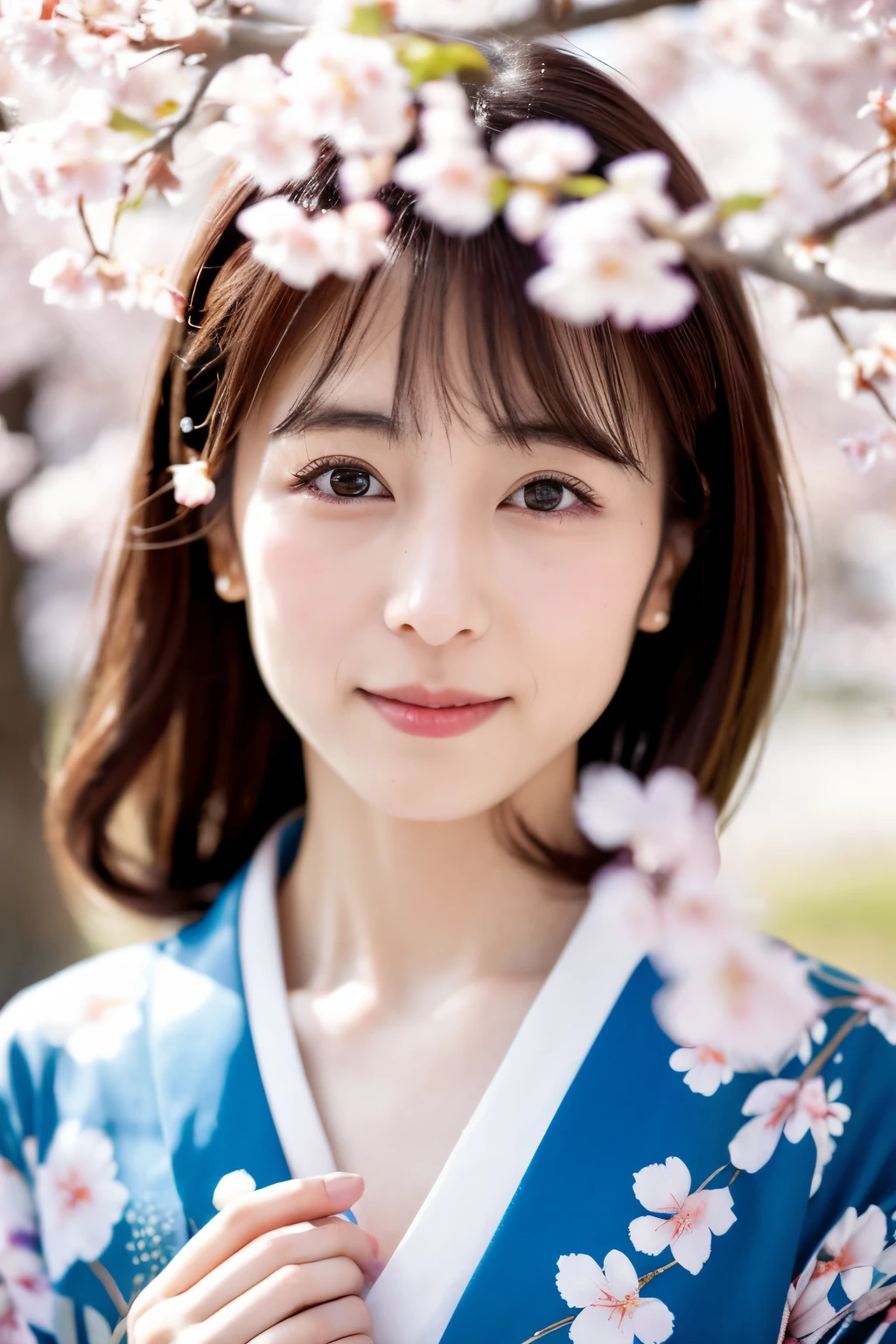 (masterpiece), High quality, 8K, High resolution, Skinny Japanese woman, 30 years old, Cute face:2, detailed face, detailed eyes, standing under cherry blossom trees, cascade of falling cherry blossoms, Japanese kimono