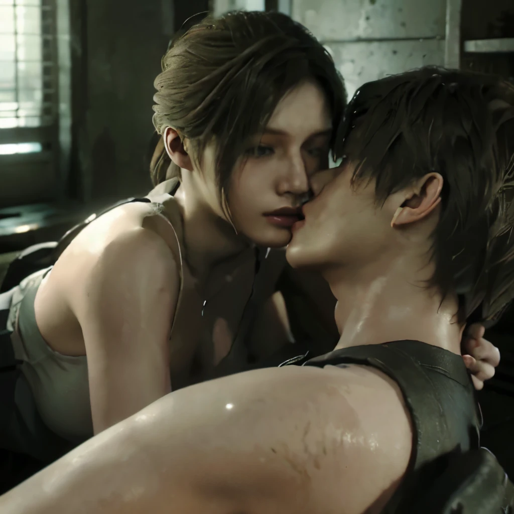 Claire Redfield and Leon Scott Kennedy, RE2, sexy pose, kiss him, Claire wears white bra, ass