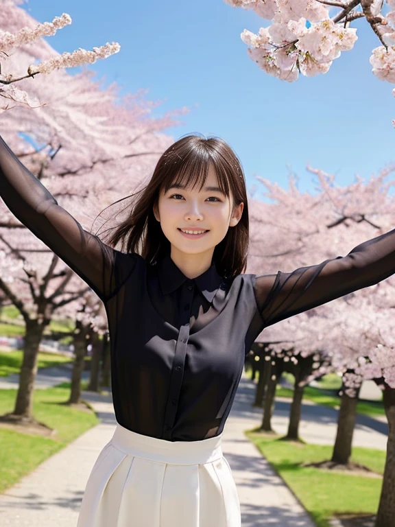 (A girl with beautiful breasts and side-tail hair in a sheer collared blouse:1.5)、(The girl spreads her arms wide with a small smile、Let your hair fly in the wind :1.5)、(Rows of cherry blossom trees in full bloom and cherry blossom petals dancing in the wind:1.5)、(perfect anatomy:1.3)、(no mask:1.3)、(full finger:1.3)、(cleavage)、realistic、photo shoot、highest quality、High resolution, delicate and beautiful、perfect face、detailed and beautiful eyes、Fair skin、real human skin、pores、((thin legs))、(black hair)、((Low - Angle))、Blue sky、