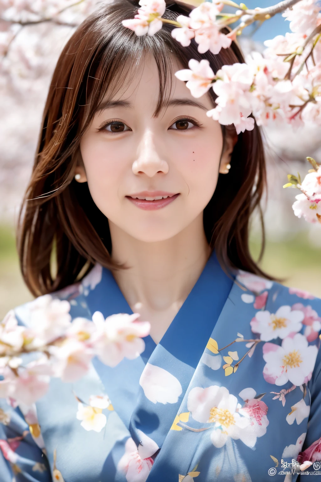 (masterpiece), High quality, 8K, High resolution, Skinny Japanese woman, 30 years old, Cute face:2, detailed face, detailed eyes, standing under cherry blossom trees, cascade of falling cherry blossoms, Japanese kimono