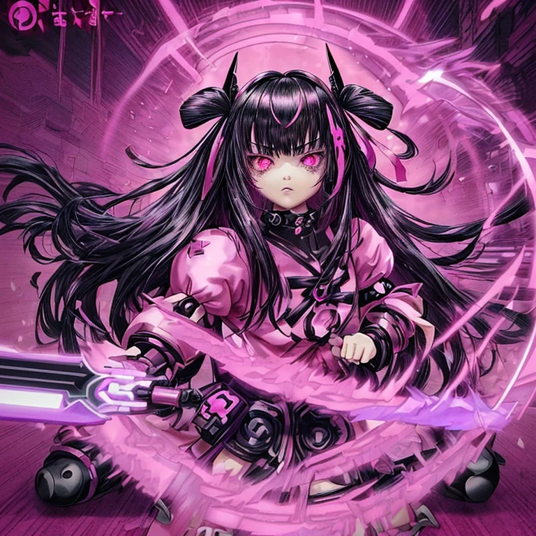 unique anime cyberpunk warrior game character, 1girl, clanwar lord, long straight black hair with bangs, pink clothing, pink headdress or pink bow on the head, girly, bimbo, intimidating but cute, bubbly personality, her favorite color is pink, magical background with a hint of purple theme and sakura and sakura petals