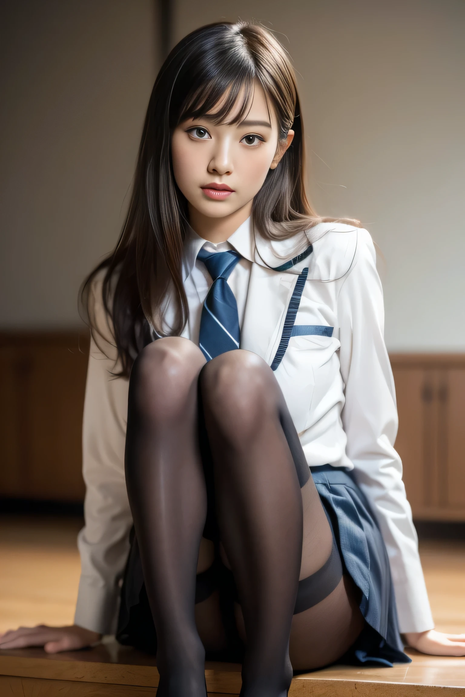 beautiful meticulous girl, very detailed eyes and face, beautiful detailed eyes, ridiculous, incredibly ridiculous, huge file size, super detailed, high resolution, very detailed, best quality, masterpiece, kemomimi, ((Japanese girls' high school uniform)), ((photorealistic)), ((photoreal)), very detailed, CG, unity, 8k wallpaper, amazing, fine details, masterpiece, best quality, very detailed CG uniform 8k wallpaper, face light, movie lighting, 1girl, 18 years, (no clothes) ), (((dynamic pose))), (camel toe), (half), (pantyhose), (bent knee and leg sitting)), shot by Sony Venice 2 8K