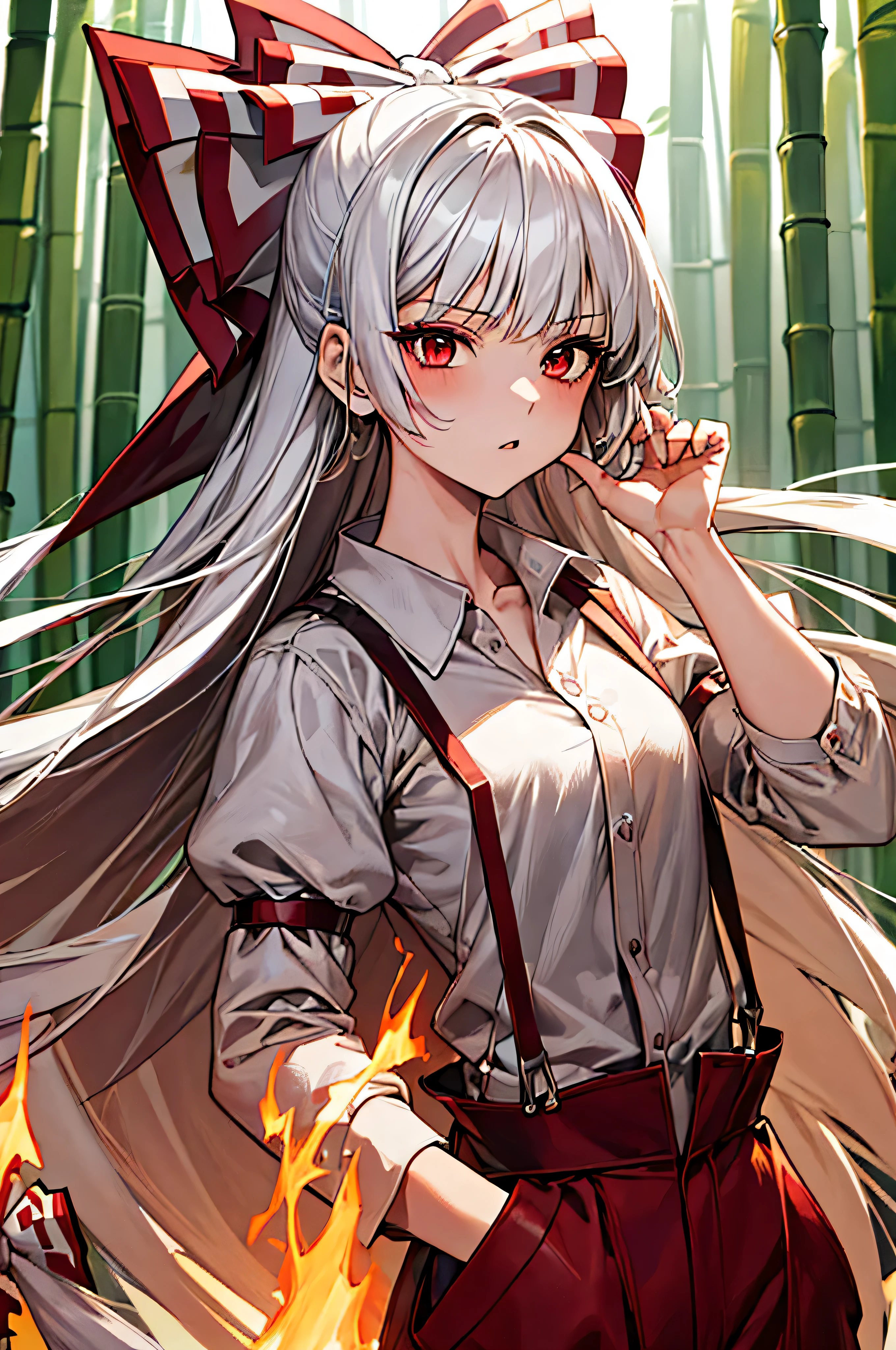 masterpiece, highest quality, perfect face, highest resolution, Highest image quality,Detailed depiction of the eyes,fujiwara no mokou.,1 girl solo, she has white hair, red eyes,she is wearing a white shirt,correct hand shape,violent,night, hair ribbon, bamboo forest