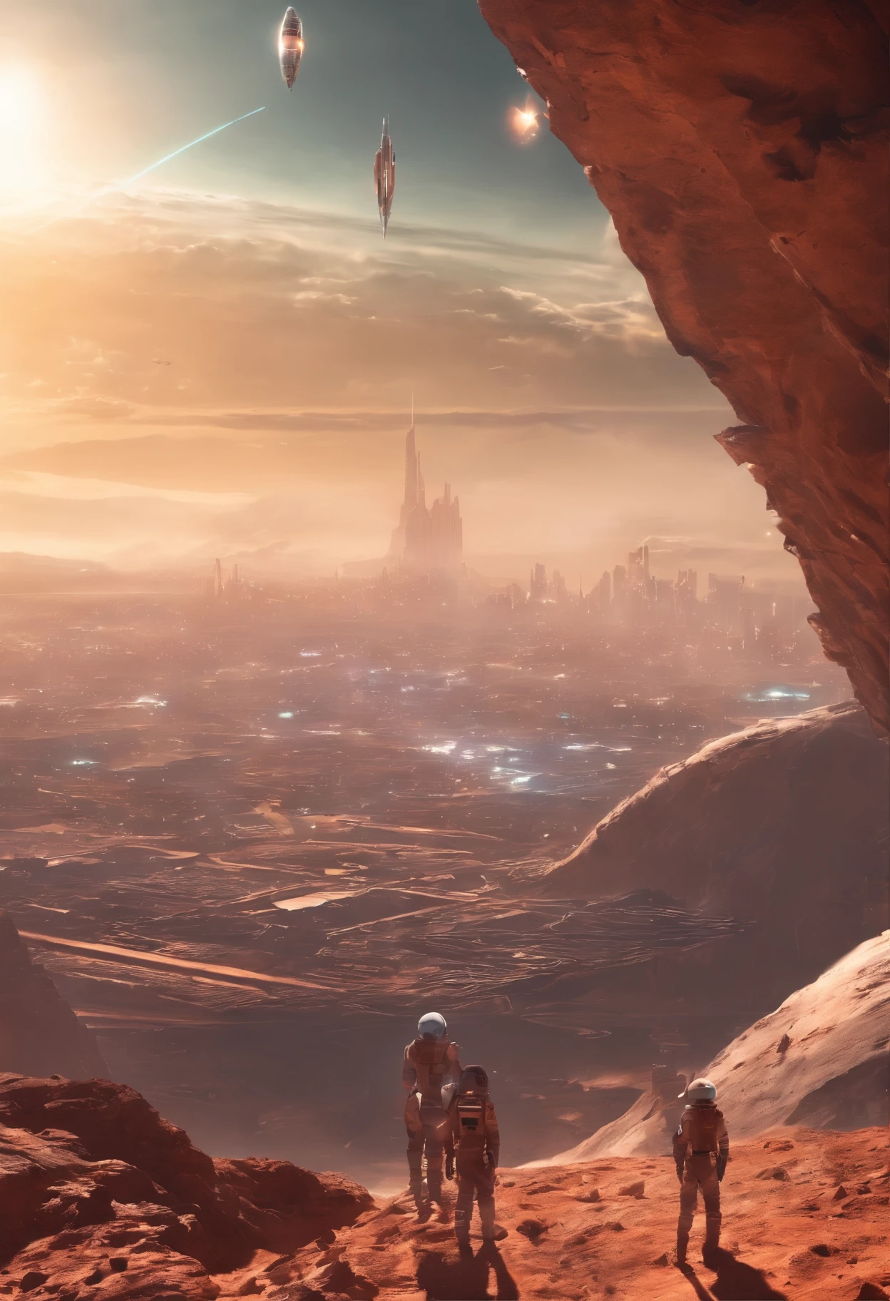 At the top of the mountain and on the edge of the cliff, Two people wearing spacesuits。Under the cliff, Dozens of spaceships slowly rise from the ruins of a desolate city built on the desert, Heading for the stars。, cinematic lighting, sparkle, anaglyph, optical illusion, from above, atmospheric perspective, UHD