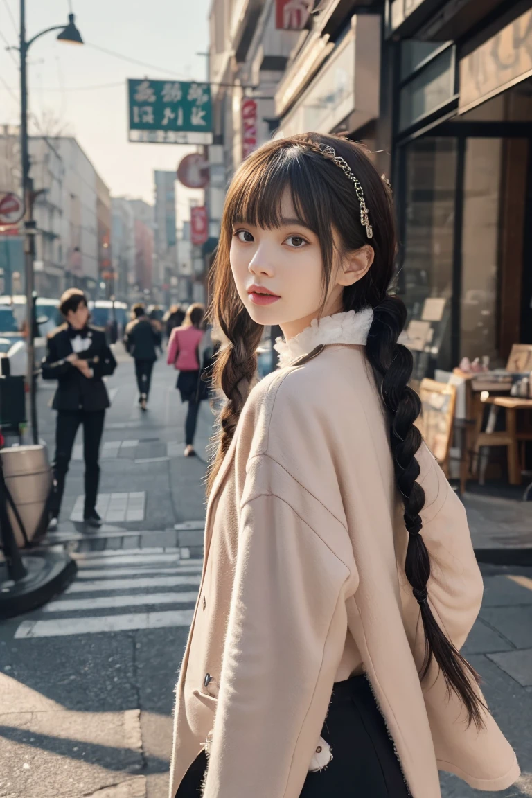 (((masterpiece, highest quality, Super detailed))), 1 female, (((very thin body))) , (((length, thin legs))), (((black braided hair, thick and fluffy bangs ))), (((highly detailed face))), cosmetics free, small and thin nose, small thin mouth, (((Very sharp focused eyes))), Japanese, beautiful face, (lifelike face), beautiful hairstyle, realistic eyes, fine and beautiful eyes, (real looking skin), beautiful skin, charm, Photo shoot that recreates Tim Burton'world view、The mysterious pink costume is also one of the highlights..。Victorian style pink suit、Design with gothic elements.。Accessories include leather items and studs.、chain is important。model'You can also create a spooky and unique hairstyle..。High image quality、Capturing every detail clearly、,、Use a bright and vibrant color palette。As background:、Carefully selected mysterious and strange cityscapes and fantastic locations that appear in the work..、Creates images with Tim Burton's signature dark shadows and bizarre details。.。